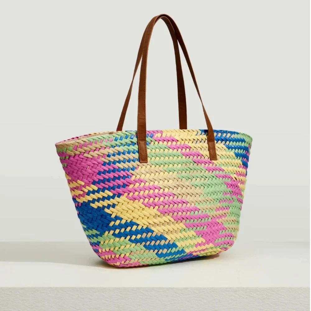 Color Block Straw Bag - Picture 2 of 9